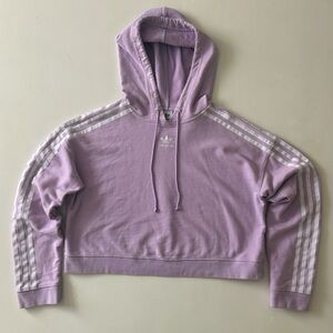 Adidas Lilac Cropped 3-Stripe Hoodie | Sporty Spring Athleisure Pullover | XS